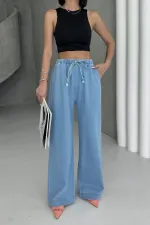 Elastic Waist Palazzo Jean 7076-25-(S-XL) Middle Blue