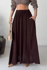 Elasticated Long Skirt HS131-78-(S-L-3) Brown