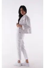 Classic Short Denim Jacket with Decorative Pieces on Shoulders 6076-50-(S-XL-6) White Classic Short Denim Jacket with Decorative Pieces on Shoulders 6076-50-(S-XL-6) White