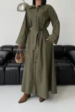 Düğmeli Uzun Boy Kot Elbise  3047-67-(S-XL)
