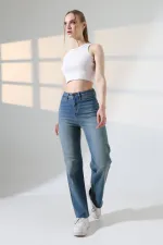 Wide Leg Palazzo Relaxed Jean with Decorative Front Pockets  1710-62-(30-36) Middle Blue - Tinted