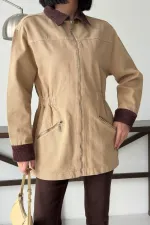 Velvet Piece Detailed Zippered Denim Jacket 6129-70-(S-XL) Camel