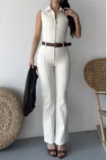 Sleeveless Denim Jumpsuit with Zipper and Belt 3013-80-(S-XL) Natural