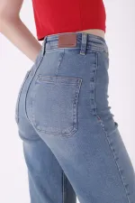 Wide Leg Palazzo Relaxed Jean with Decorative Front Pockets 1710-62-(27-32) Middle Blue - Tinted