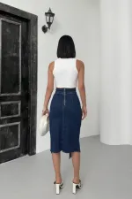 Asymmetric Medium Denim Skirt with Front Darts and Side Slit  122-26-(36-42-6-2) Regular Dark Blue