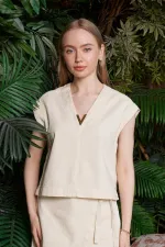 V Neck Linen Blouse HS608-65-(S+L+4) Stone