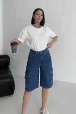 Mid Length Denim Shorts with Pocket Detail 2026-27-(36-42-6) Rinsed Blue