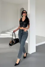 Mom Jean with Decorative Parts on Pockets and Hems 7023-28-(28-33) Dark Blue Snow Denim