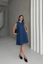 Sleeveless Oversize Denim Dress with Pocket 3043-26-(S-XL-6) Regular Dark Blue