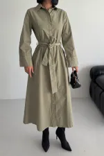 Düğmeli Uzun Boy Kot Elbise 3047-74-(S-XL)