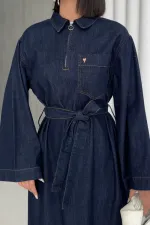 Kuşaklı Uzun Kot Elbise  3035-17-(S-XL)