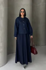 Ruffled Long Skirt with Elasticated Waist 1063-17-(36-44) Slubbed Navy Blue