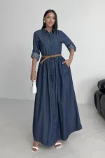 Büzgü Detaylı Uzun Kot Elbise  3048-26-(S-XL)