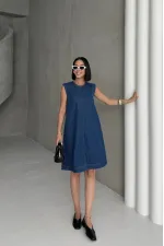 Sleeveless Oversize Denim Dress with Pocket 3043-26-(S-XL-6) Regular Dark Blue