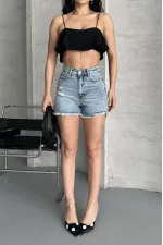 Ripped Denim Short with Fringe Ending 225-14-(36-42-6-2) Light Blue and Tinted Ripped Denim Short with Fringe Ending 225-14-(36-42-6-2) Light Blue and Tinted