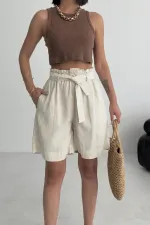 Linen Elasticated Waist Shorts HS201-65-(XS-L) Stone