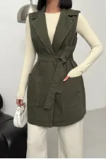 Belted and Cross Over Collar Denim Vest 6137-67-(S-XL) Khaki