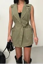 Belted and Cross Over Collar Denim Vest 6137-74-(S-XL) Green