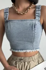 Askılı Fermuarlı Kot Büstiyer 410-08-(S-XL-6) Kar Yıkama Açık Mavi