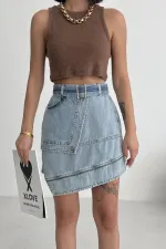 Ripped Denim Skirt with Denim Belt and Decorative Zipper 117-14-(36-42-6-2) Light Blue and Tinted