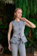 Belden Oturtmalı Düğmeli Kot Yelek  6086-14-(S-XL)