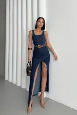 Asimetrik Detaylı Kot Elbise 3019-26-(S-XL)