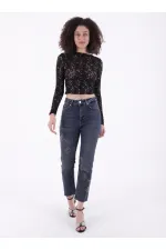 Çapraz Taşlı Mom Fit Kot Pantolon  7054-28-(26-31)