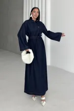 Kuşaklı Uzun Kot Elbise  3035-17-(S-XL)