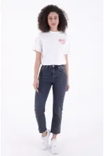 Fringe Ending High Waisted Mom Fit Jean 764-28-(26-29) Dark Blue Snow Denim