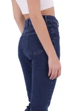High Rise Mom Jean With Slit in Leg Front  1743-26-(27-32) Regular Dark Blue