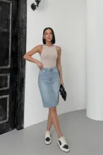 Classic Mid Length Denim Skirt  1039-15-(42-46) Light Blue Denim