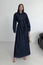 Buttoned Classic Long Denim Dress 3034-17-(S-XL) Slubbed Navy Blue
