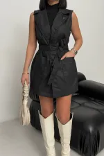 Belted and Cross Over Collar Denim Vest 6137-07-(S-XL) Black