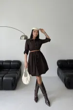 Short Denim Dress with Ruffle Detail 3040-78-(S-XL) Brown