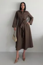 Düğmeli Uzun Boy Kot Elbise 3047-78-(S-XL)