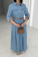 Düğmeli Uzun Kot Elbise 3041-25-(S-XL) Düğmeli Uzun Kot Elbise 3041-25-(S-XL)
