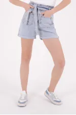 Elasticated Waist Denim Short with Belt 233-08-(S-XL-6) Snow Light Blue Elasticated Waist Denim Short with Belt 233-08-(S-XL-6) Snow Light Blue