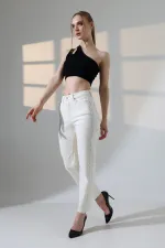 Şerit Taşlı Mom Fit Kot Pantolon  7110-80-(27-32)