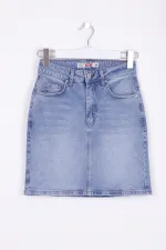 Short Length Denim Skirt with Stitched Hem 1036-15-(36-44) Light Blue Denim