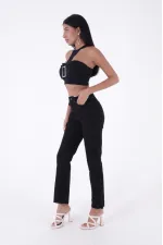 High Waist Mom Fit Jean with Flared Leg and Fringe Ending 1706-07-(26-29-4) Black