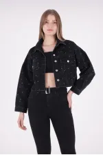 Oversize Short Denim Jacket with Stars and Rhinestones 6005-23-(S-L-5) Regular Anthracite Oversize Short Denim Jacket with Stars and Rhinestones 6005-23-(S-L-5) Regular Anthracite