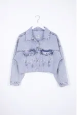 Oversize Short Denim Jacket with Stars and Rhinestones 6005-08-(S-L-5) Snow Light Blue Oversize Short Denim Jacket with Stars and Rhinestones 6005-08-(S-L-5) Snow Light Blue