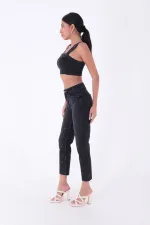 Yıldızlı Mom Fit Dikişsiz Paça Kot Pantolon  1753-03-(26-31)