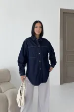 Oversize Denim Jacket with Buttons  6080-17-(S-L-3) Slubbed Navy Blue
