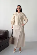Long Denim Skirt with Flap 1941-65-(36-44) Stone