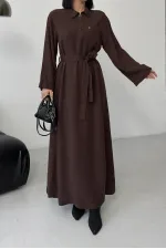 Buttoned Classic Long Denim Dress 3034-78-(S+L+3) Brown Buttoned Classic Long Denim Dress 3034-78-(S+L+3) Brown