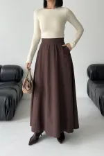 Ruffled Long Skirt with Elasticated Waist  1063-78-(36-44) Brown