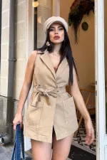 Kuşaklı Kruvaze Yaka Yelek 6137-70-(S-XL)