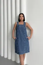 Askılı Yan Cepli Klasik Kot Elbise 334-27-(S-XXL)