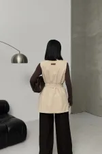 Belted and Cross Over Collar Denim Vest 6137-65-(S-XL) Stone